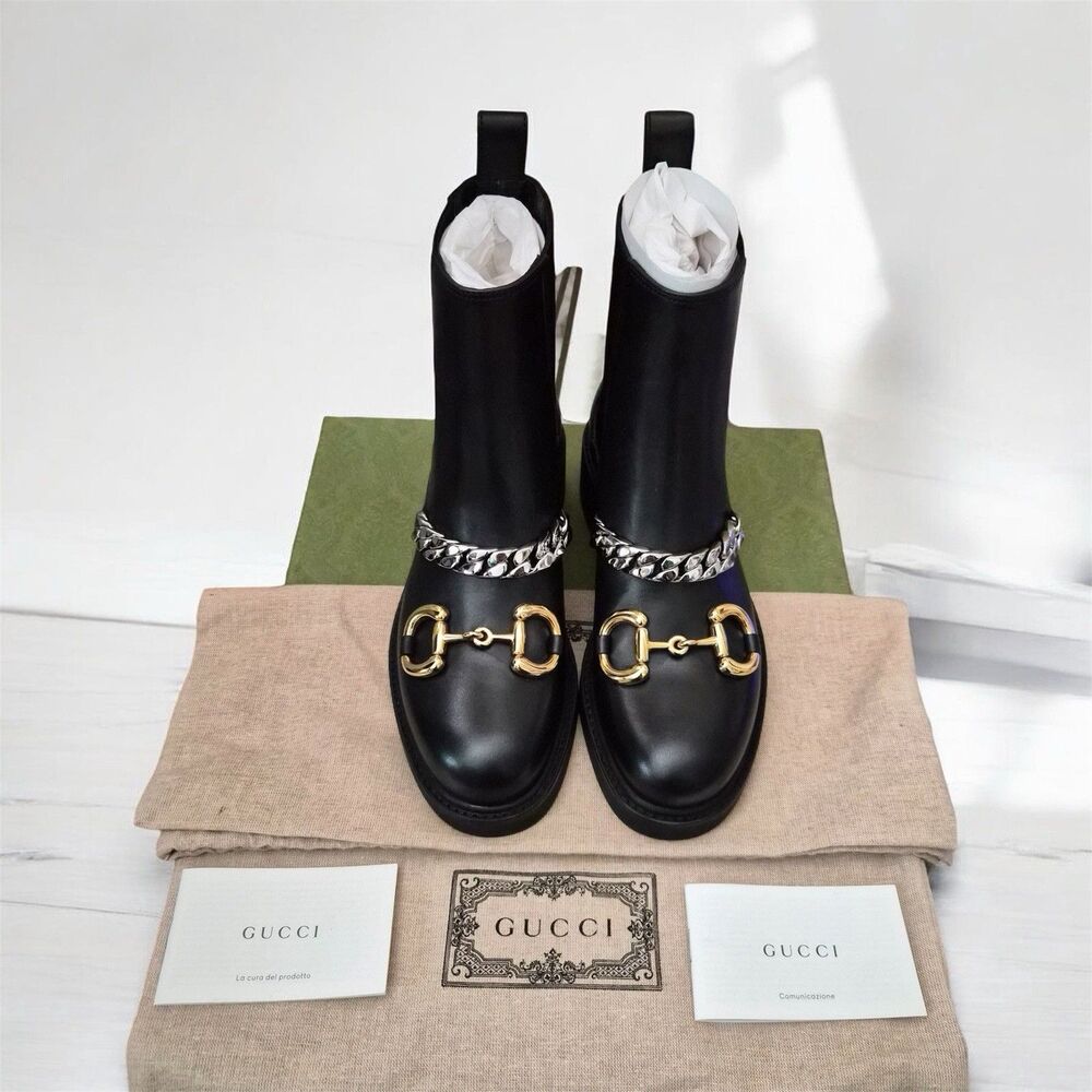 Gucci Black Leather Chain Horsebit Calf Ankle Boots Chunk Heel Chelsea 35 US 5.